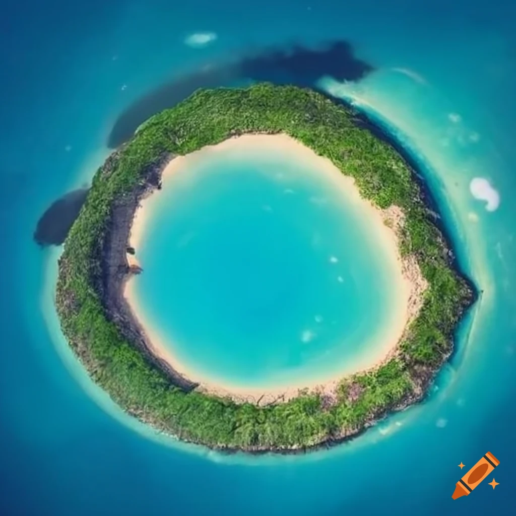 Circle-shaped island with a palm tree in the middle of the sea