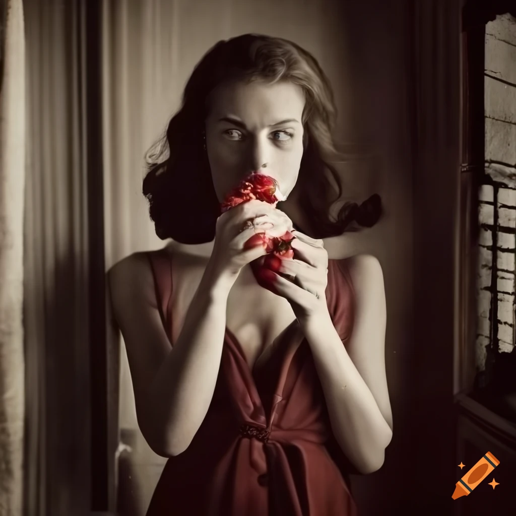 Classy woman in a dress eating a strawberry by a window at night