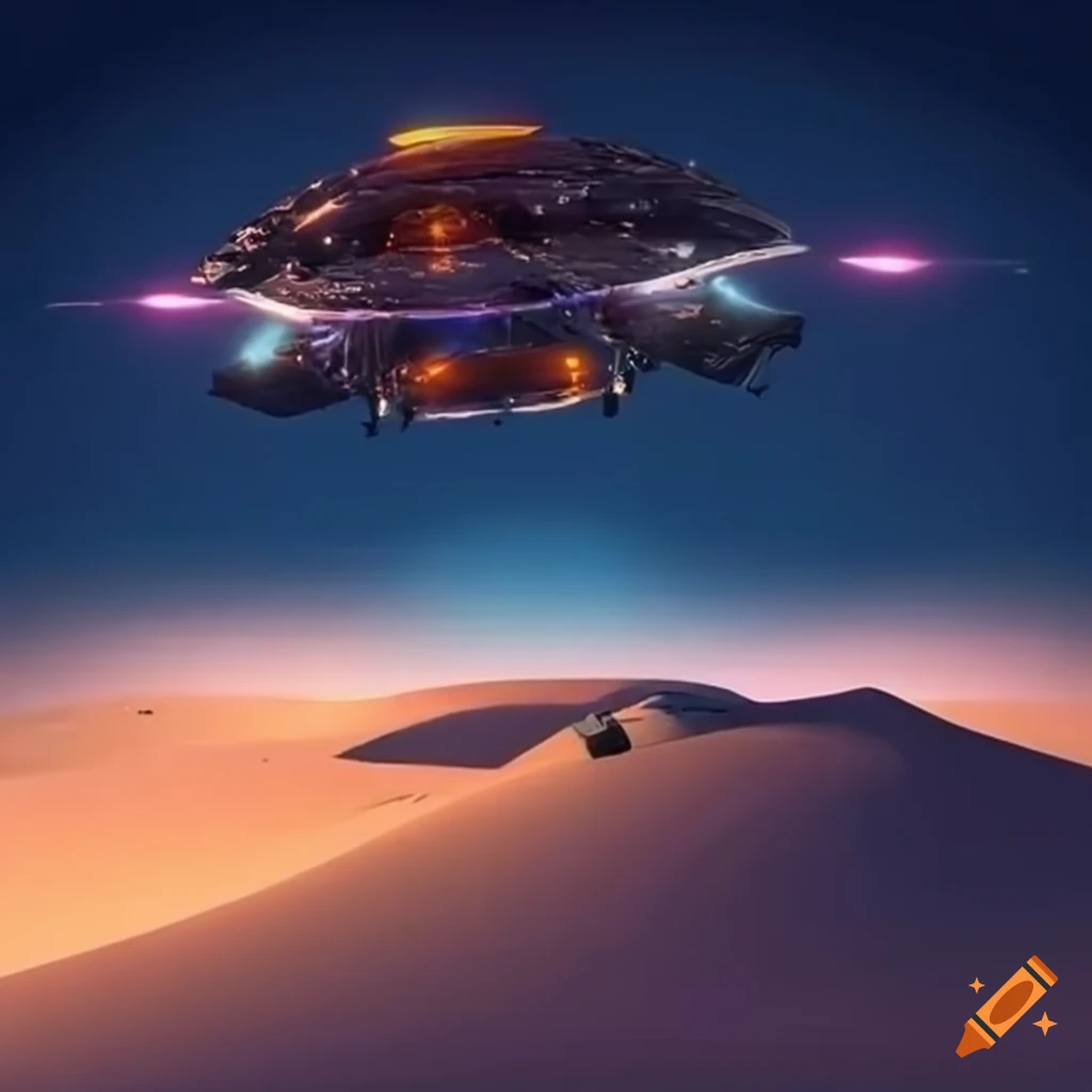 Futuristic spacecraft over sand dunes with beam weapons activated at night