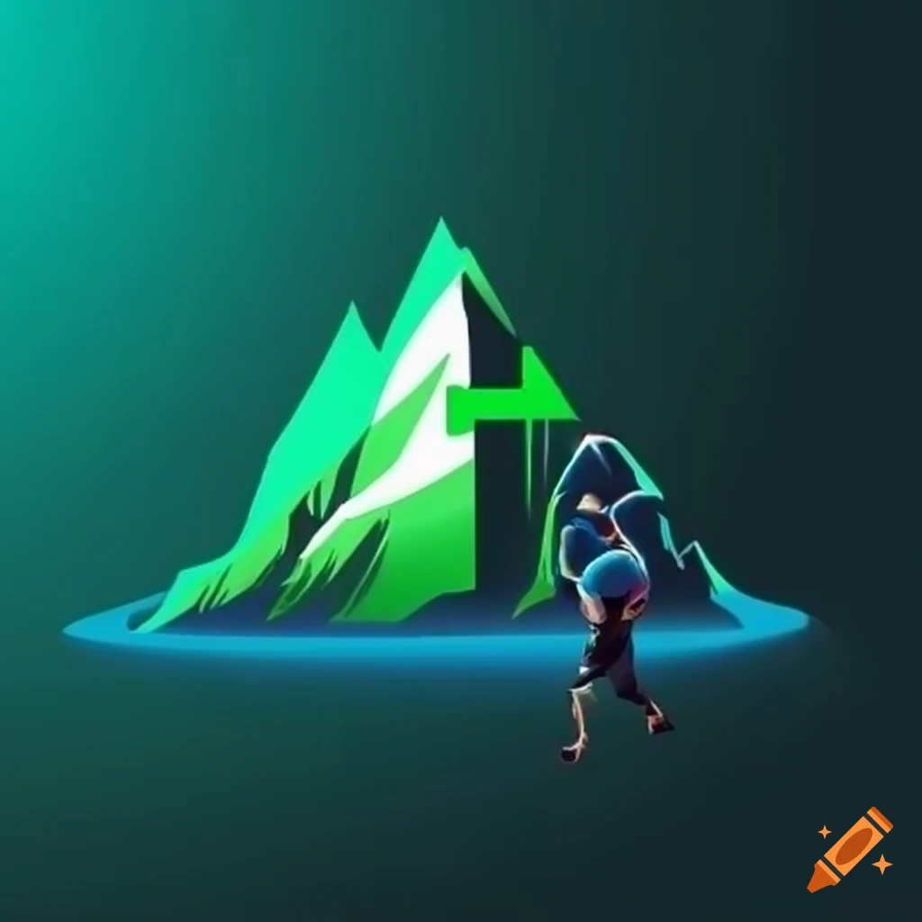 Person climbing a mountain with a green arrow in comic style for a finance channel logo