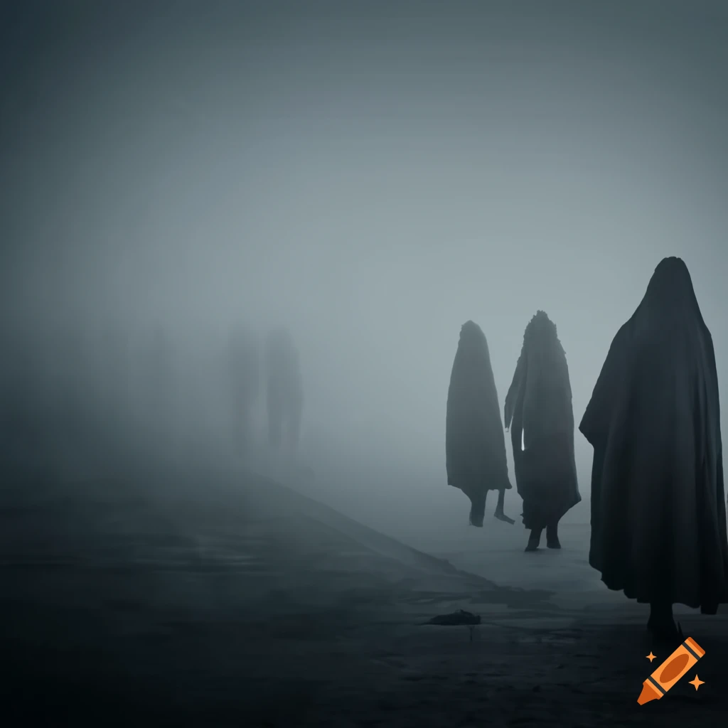 Mysterious cloaked figures walking into a misty realm