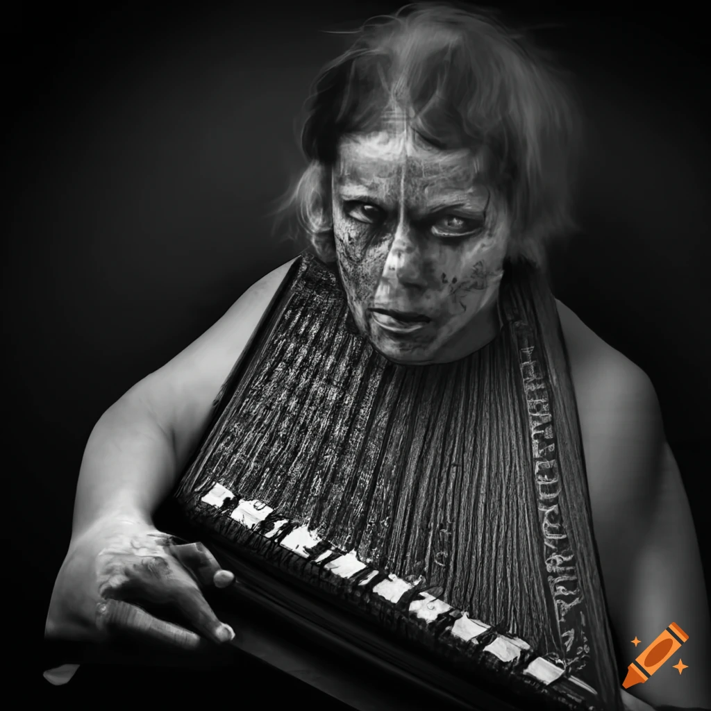 Intricately designed autoharp played by a zombie musician on Craiyon