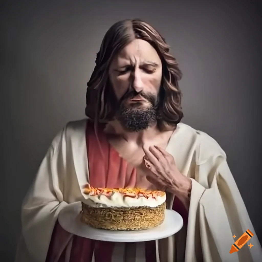 Depiction of Jesus eating cake and crying