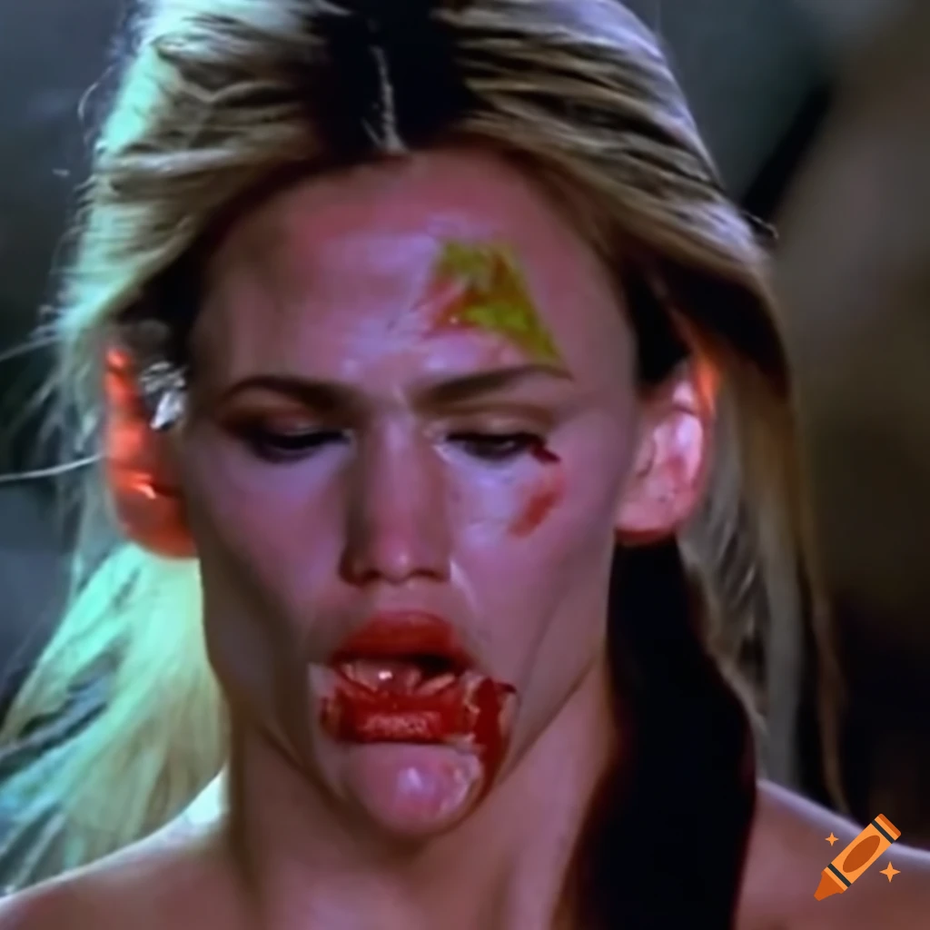 Expressive closeup of female martial fighter in 90's movie scene