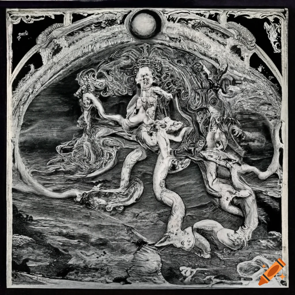 Baroque baron in a pandemonium landscape reminiscent of artists like Giger, Dali, and John Martin