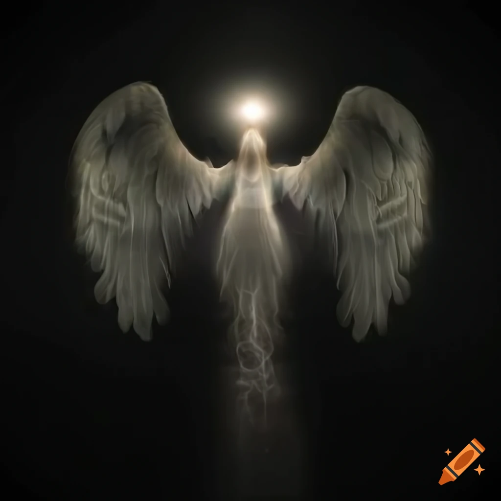 Glowing angel with fractal wings in a dark room