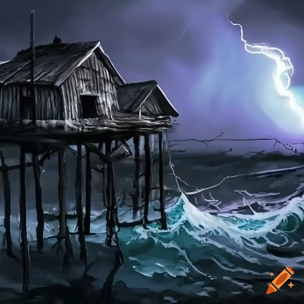 Raging waves and lightning storm with old fishing huts on stilts