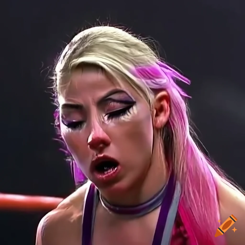 Closeup of dizzied and bloodied female martial fighter in a 90's movie scene
