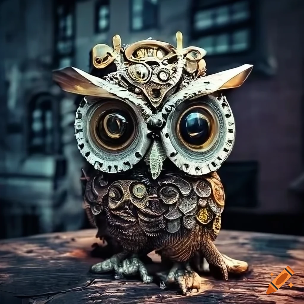 Steampunk owl sculpture with sunglasses in a cityscape of gears