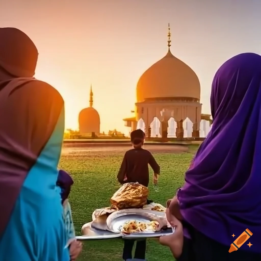 Diverse Muslim community serving Iftar meals to children with mosque and sunrise background