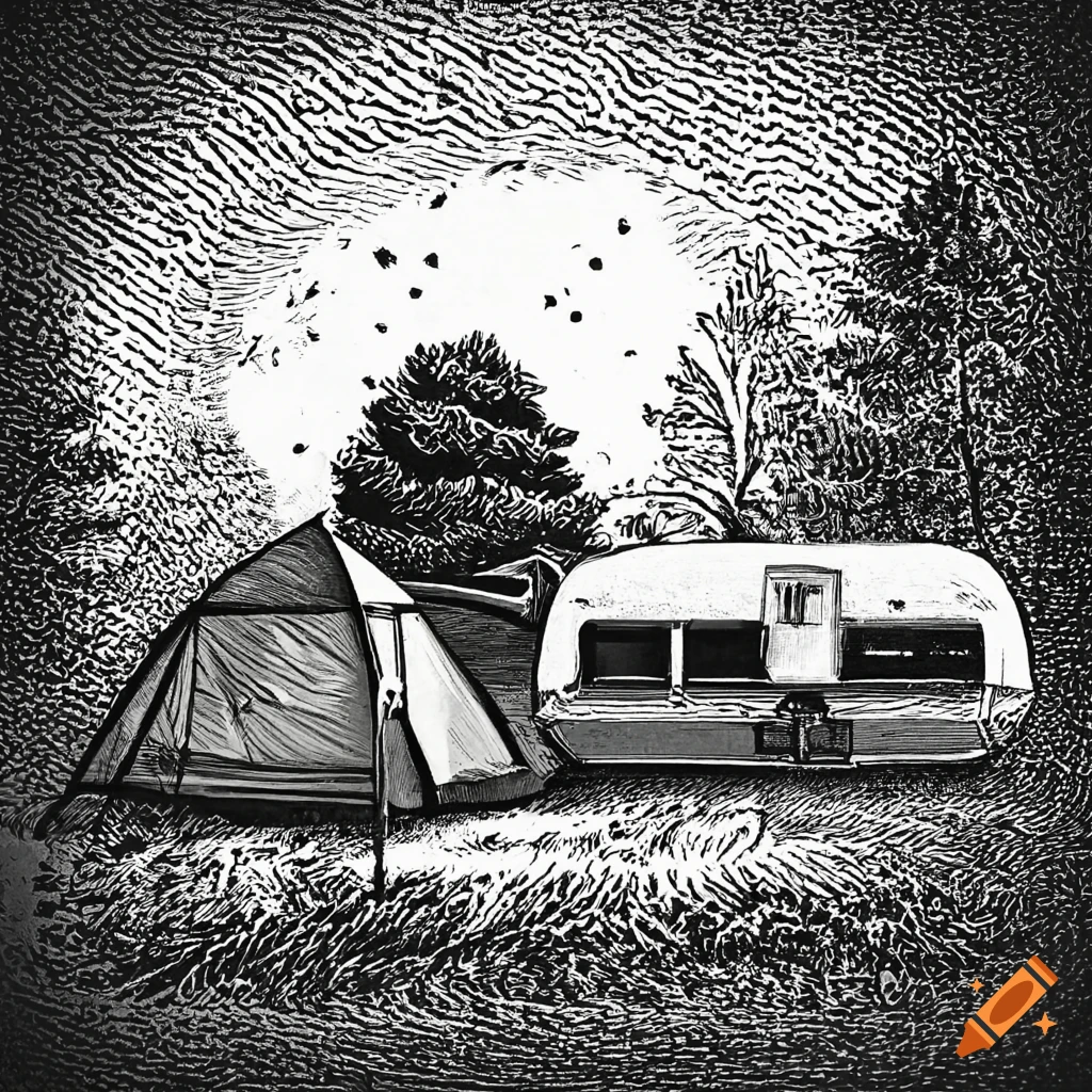 Peaceful campsite scene with tent and caravan in black and white engraving