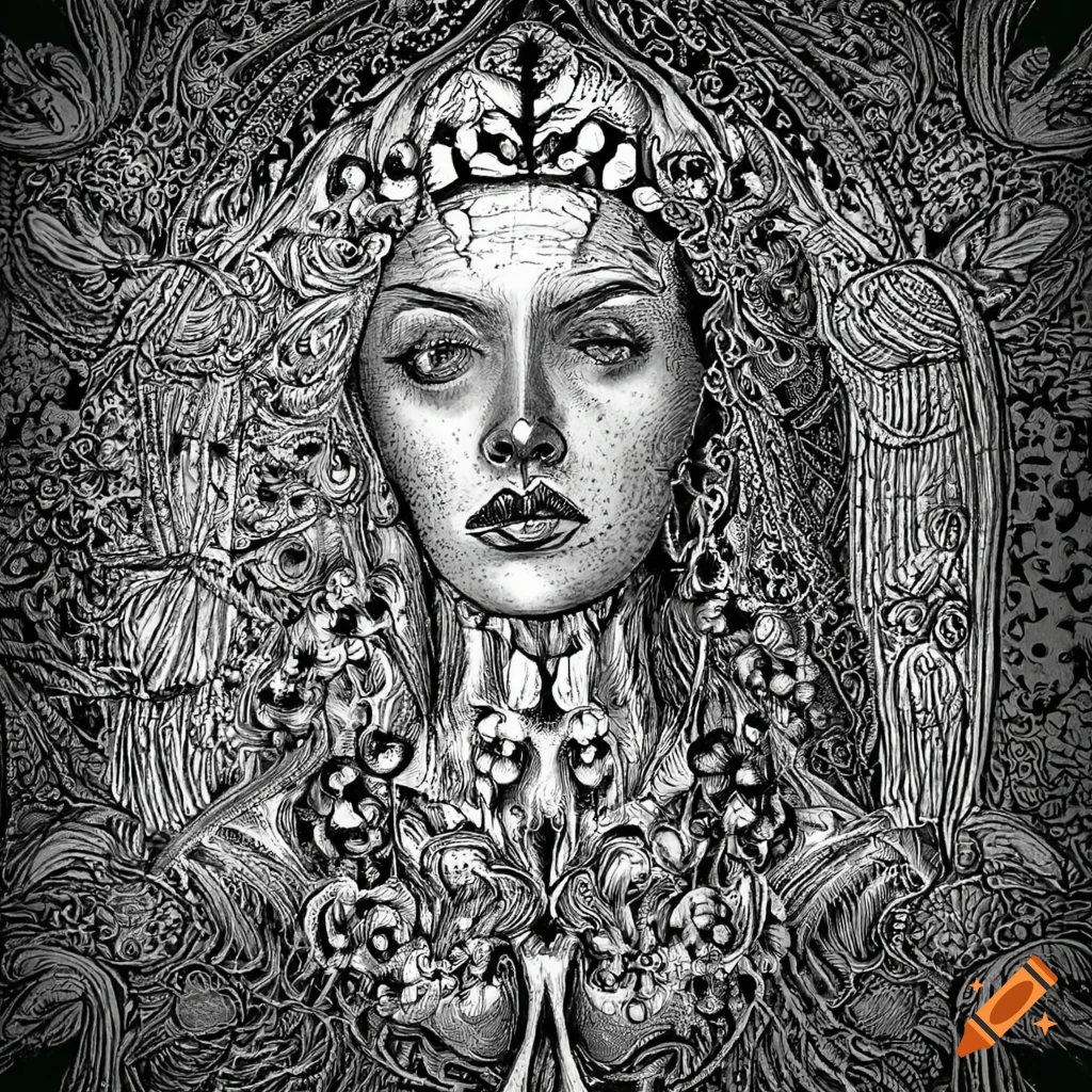 Elderberry goddess in meticulous medieval-style black and white drawing