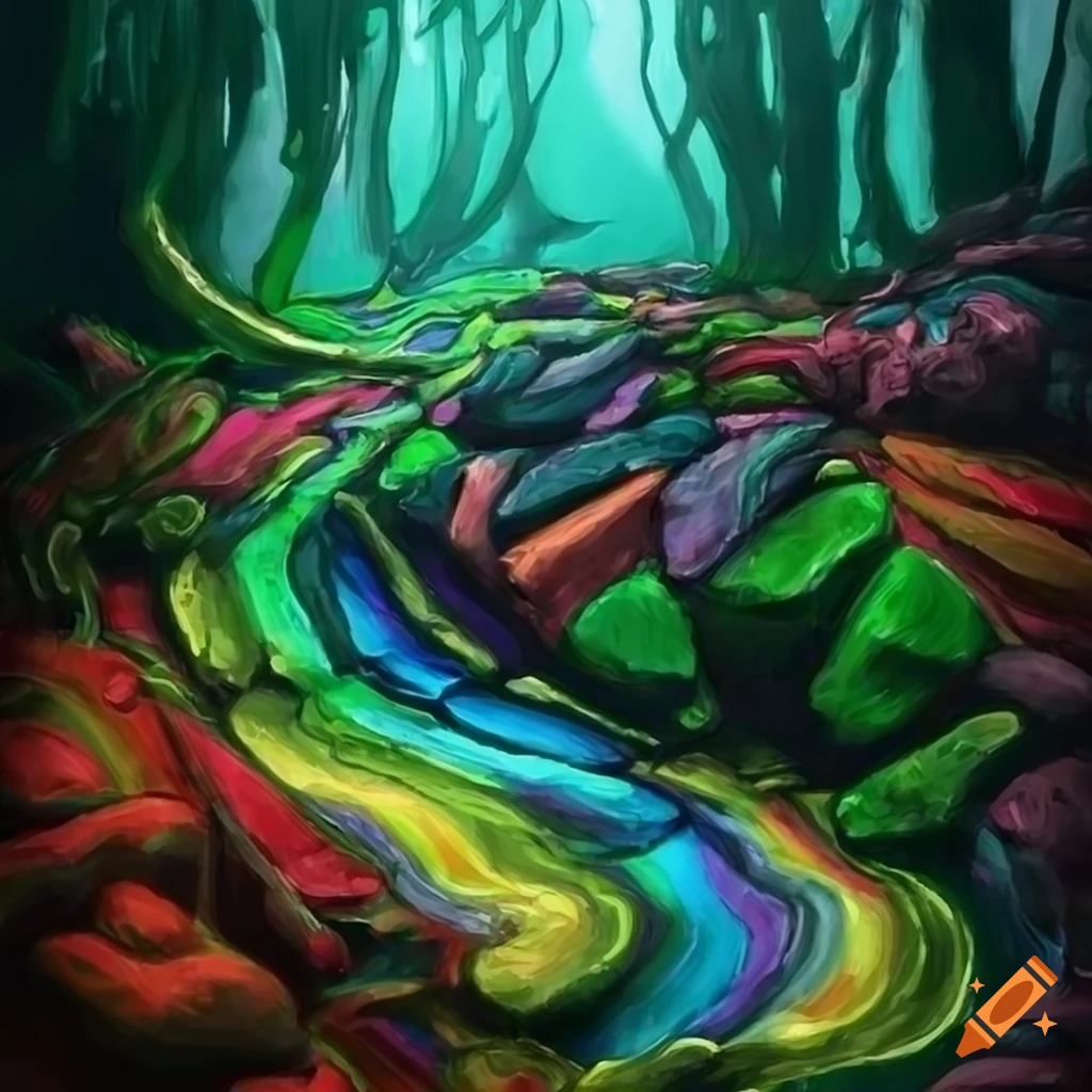 Rainbow-colored rainforest and rocks in a sci-fi realism art style on ...