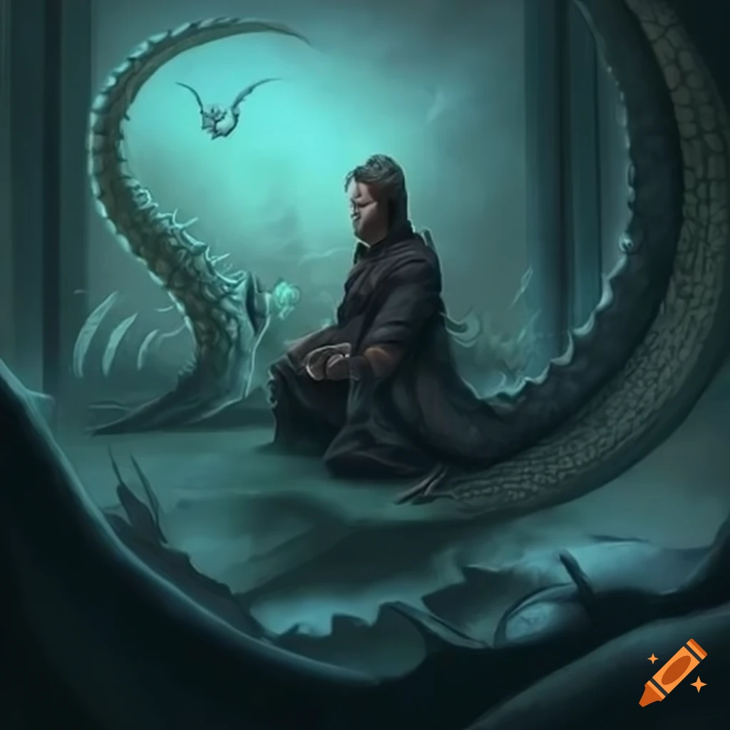 Sleeping man dreaming about dragons