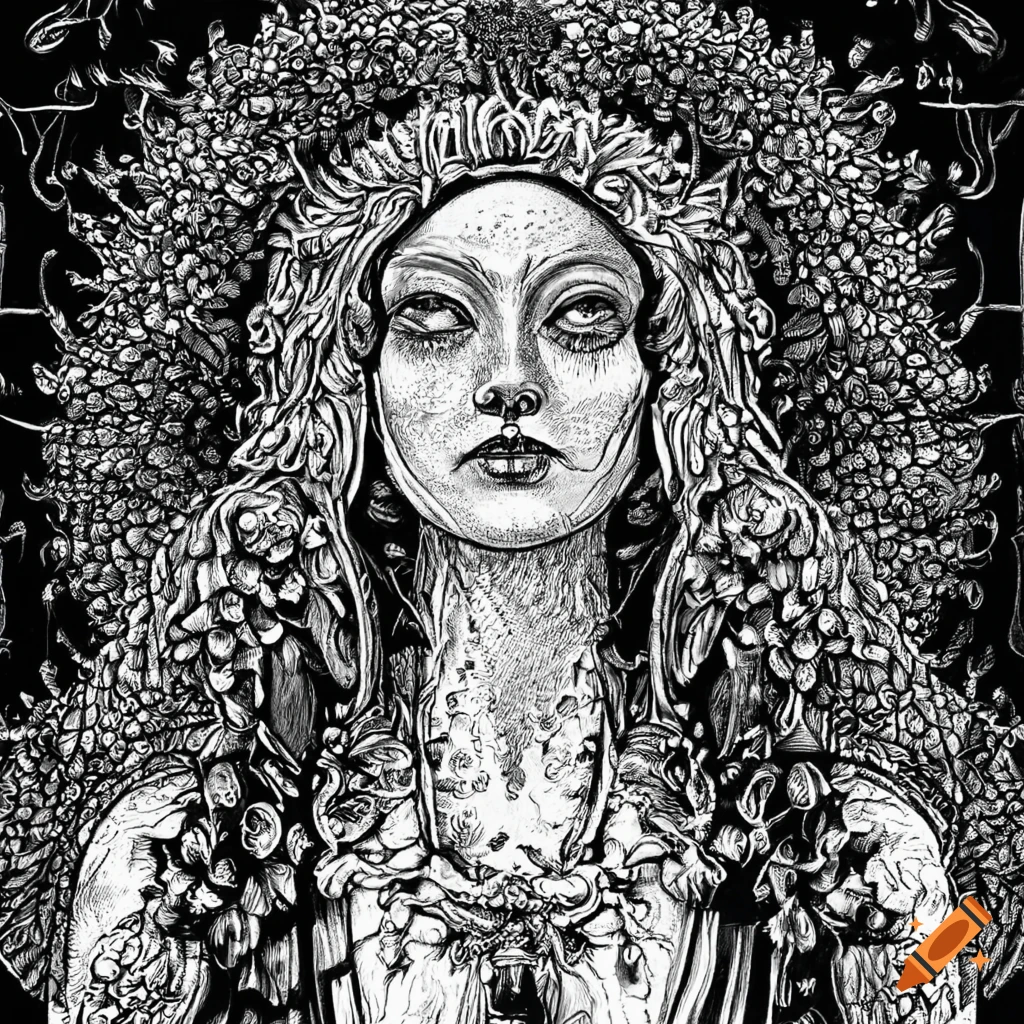 Elderberry goddess in meticulous medieval-style black and white drawing