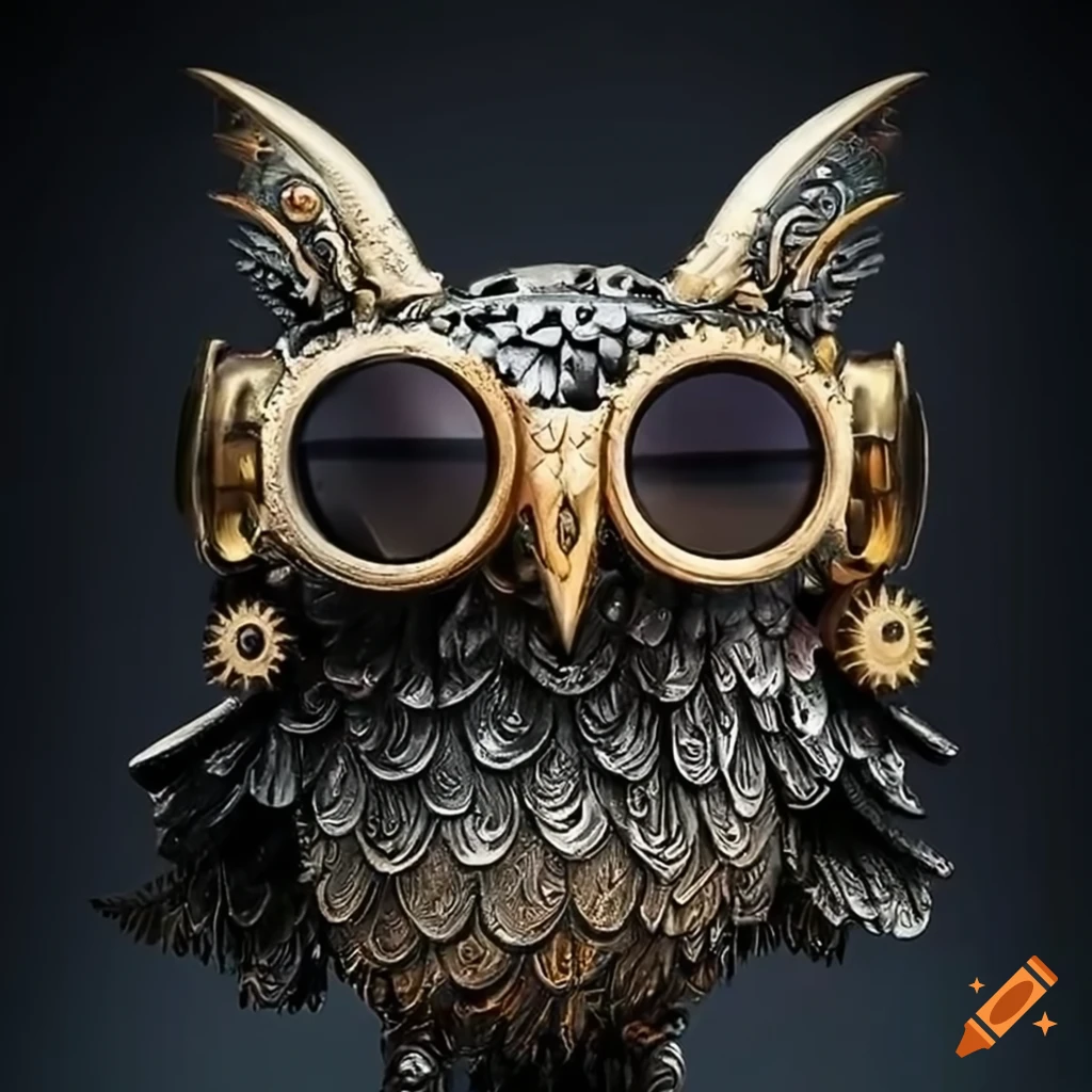 Metal owl sculpture with Steampunk sunglasses