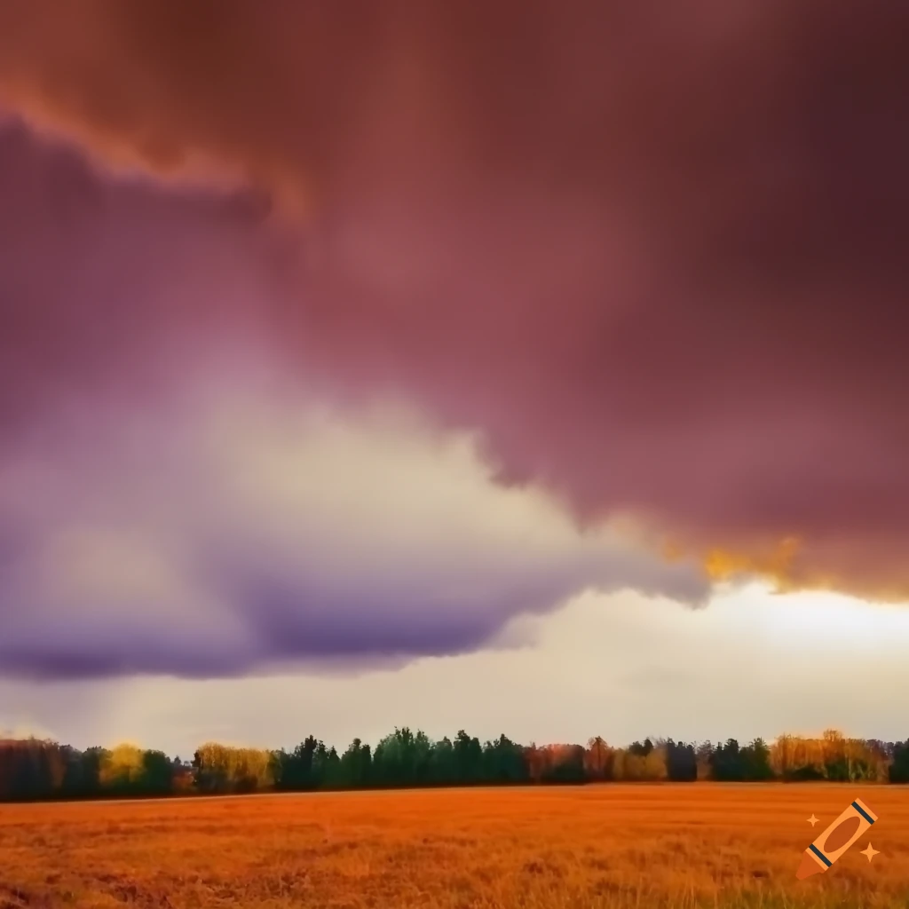 Stormy sky over autumn field with vivid colors in a dreamy setting