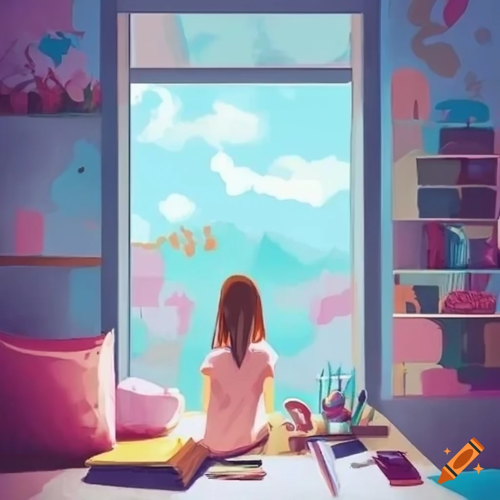 Girl studying in her room with open window in Ghibli style, pastel colors