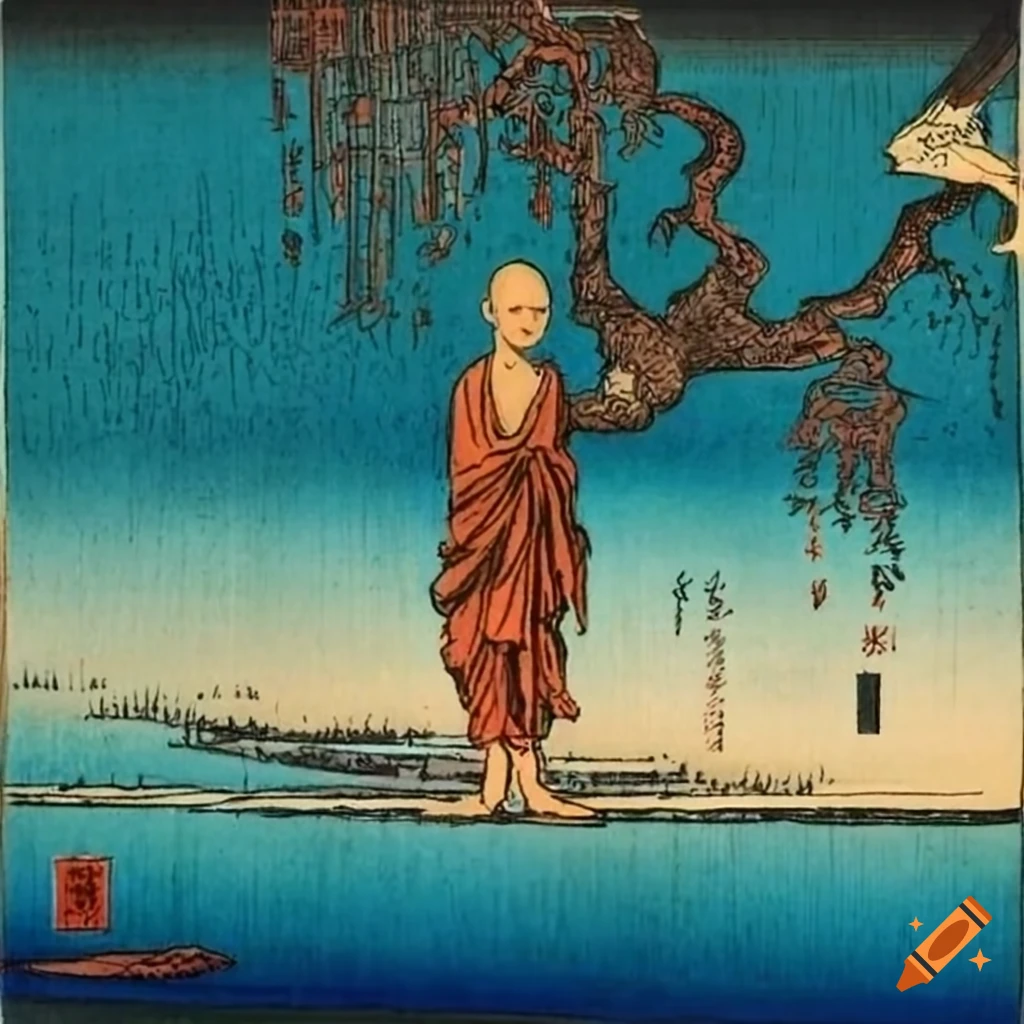 Alien Buddhist monks inspired by Hiroshige on Jupiter in 2088