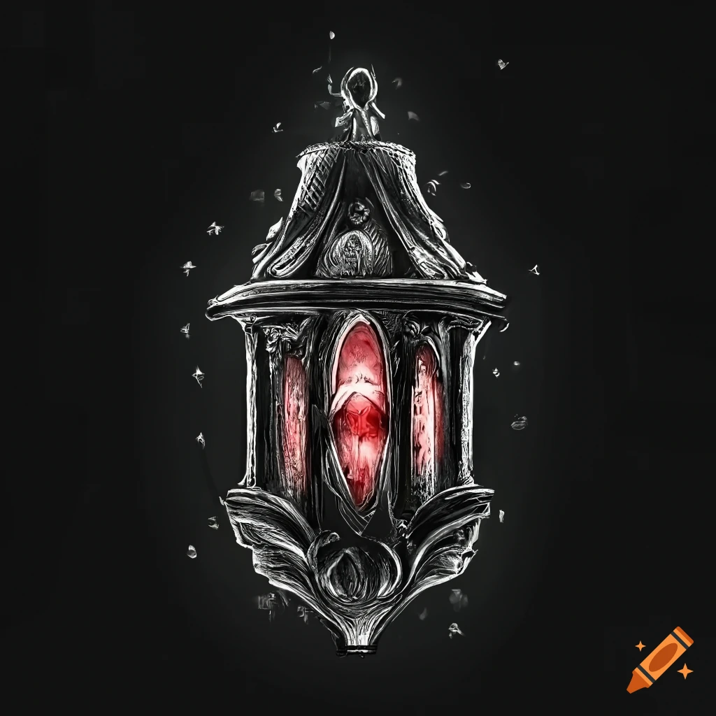 Gothic lantern with red flame in dark lighting