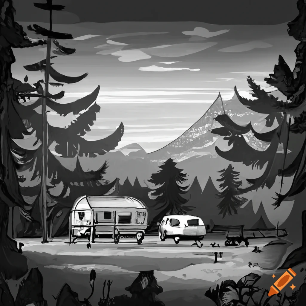 Peaceful campsite scene with tent and caravan in black and white engraving