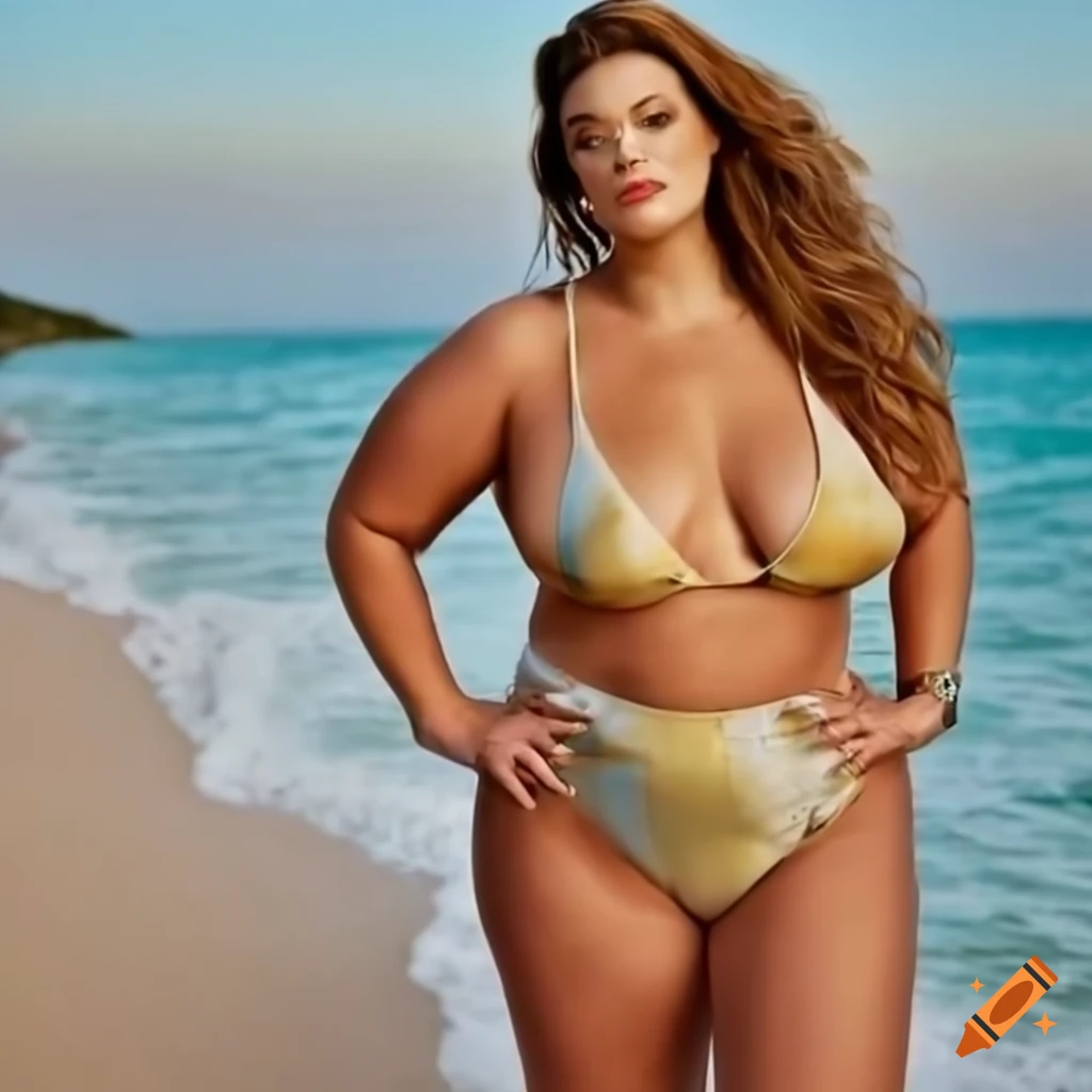 Fusion of Hunter Mcgrady and Ashley Graham in bright swimsuit issue at the beach during golden hour