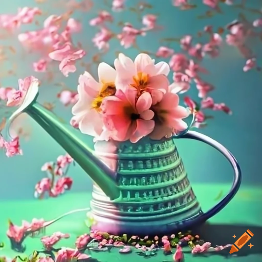 Watering can transforming water into blossoming flowers on Craiyon
