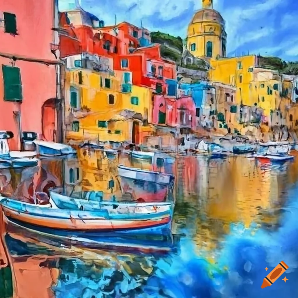 Vibrant pencil artwork of Corricella fishing village in Procida, Italy