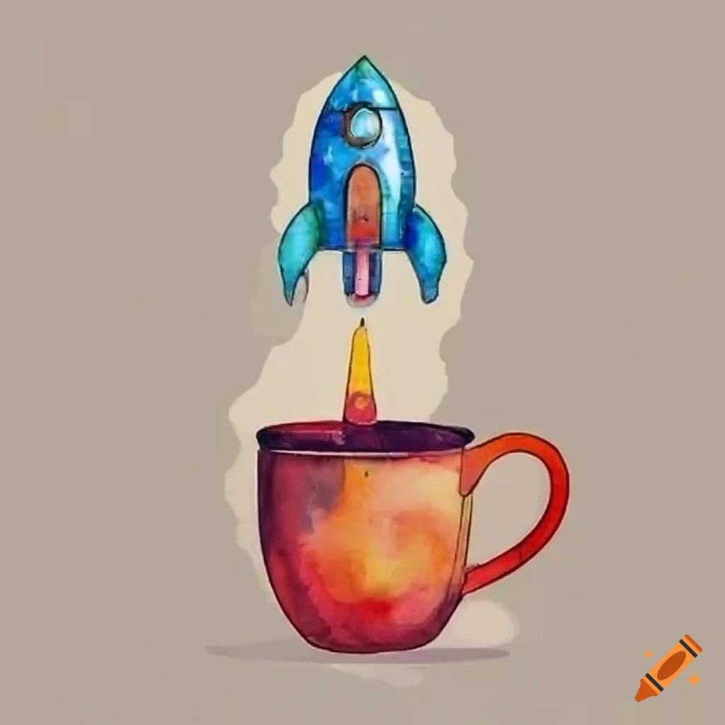 Whimsical rocket touring around a steaming tea cup