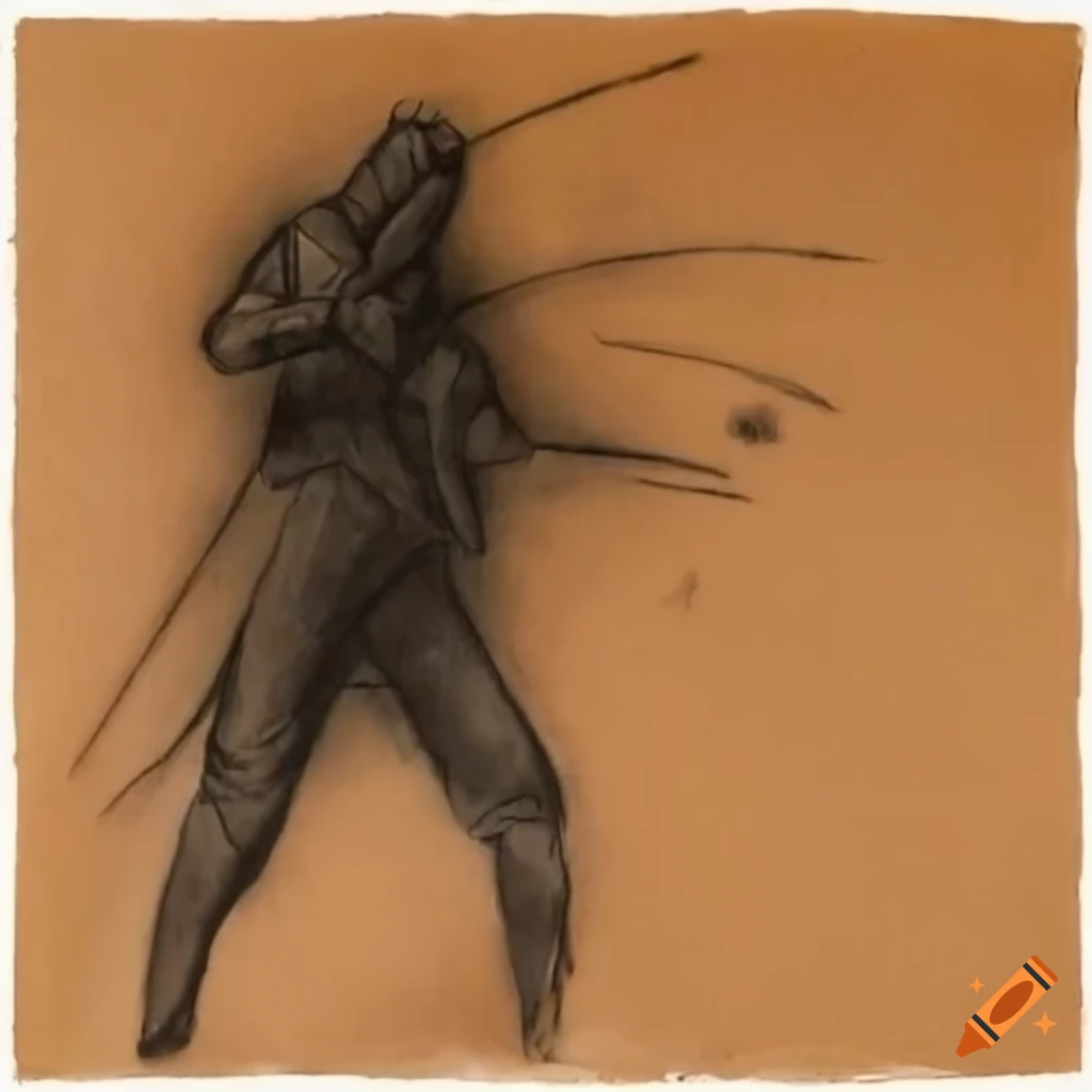 Ninja performing fighting technique in charcoal on tan paper