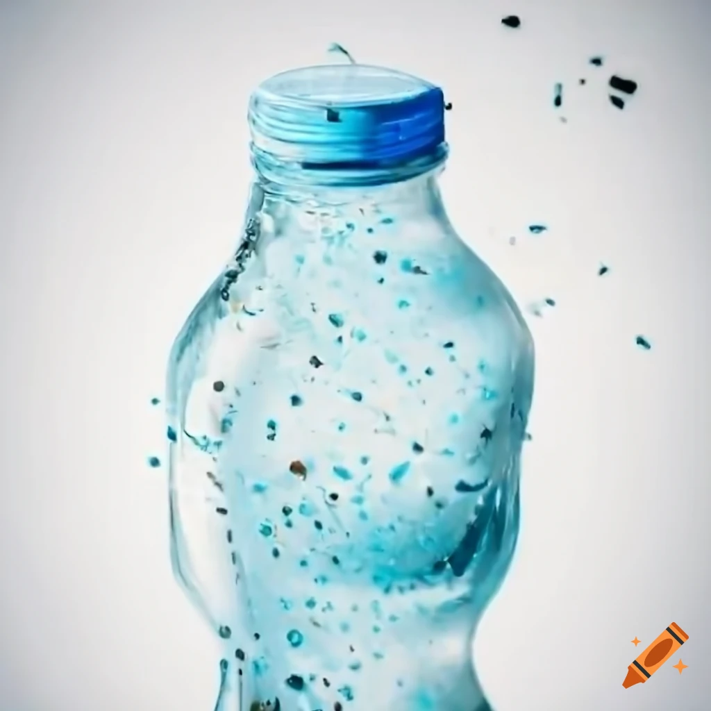 Plastic bottle surrounded by microplastics in a close-up shot