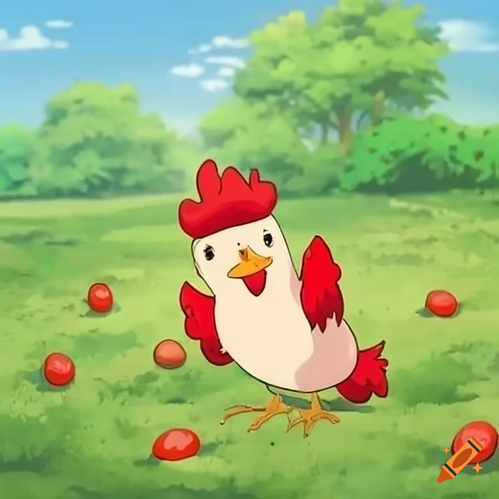 Two cute chickens playing with red eggs in the countryside