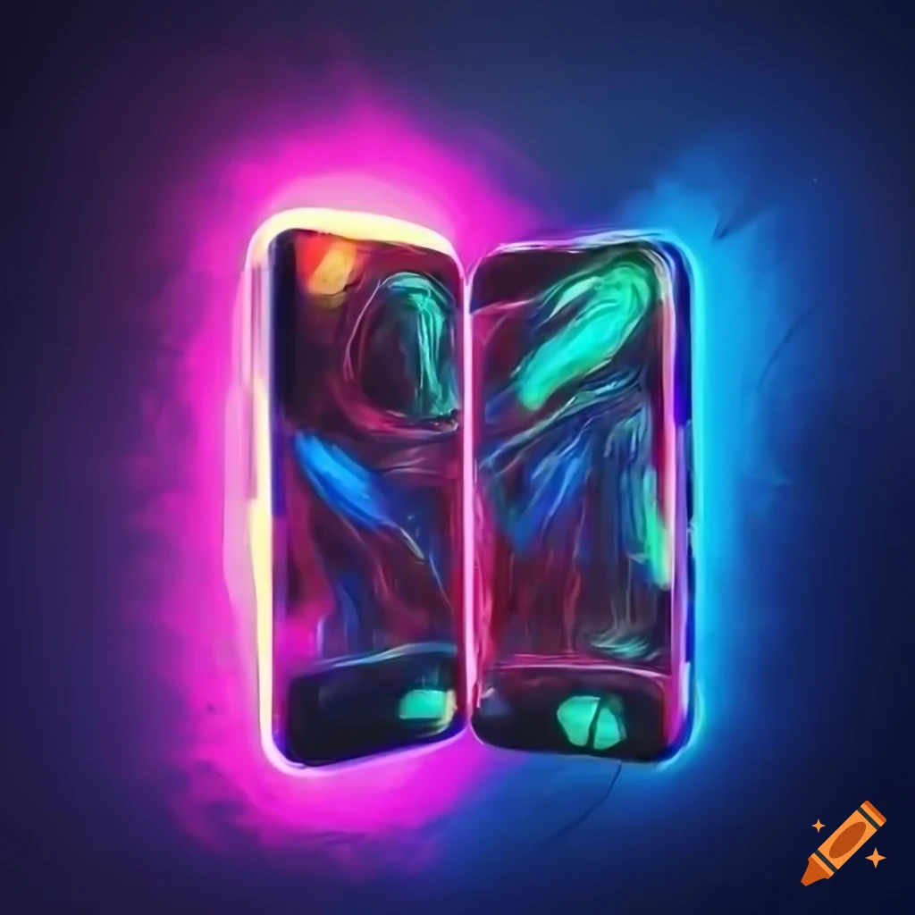 Colorful and glowing smartphones on a wooden table with dark background