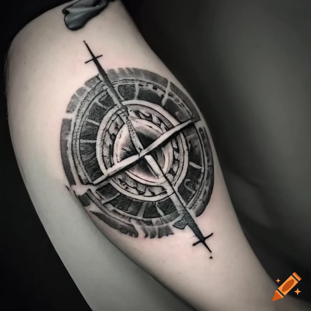 Detailed black and white naval compass tattoo with oversized cross