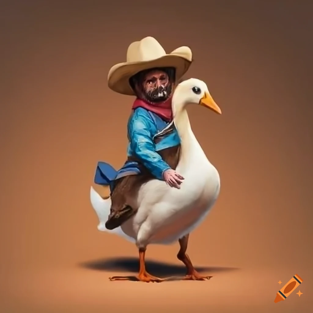 Pug cowboy riding a goose