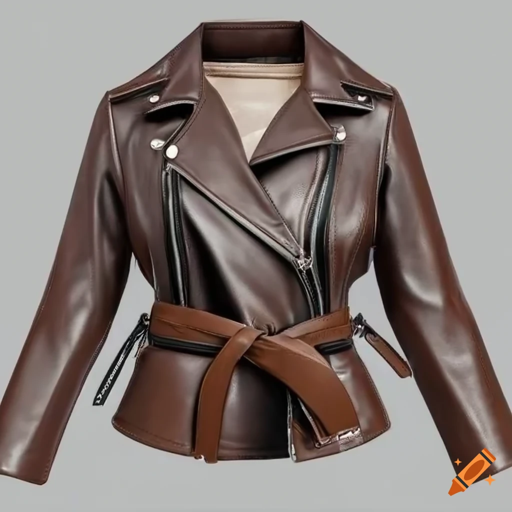 Women's belted faux leather moto jacket on white background, front and back view
