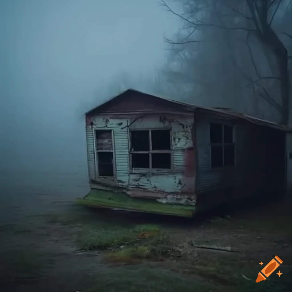 Decrepit trailer park in mysterious morning fog