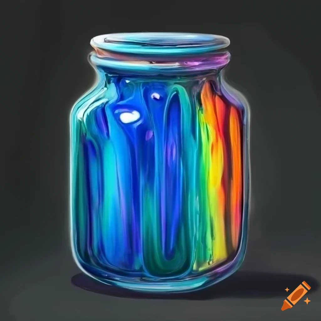 Rainbow-colored fluid in a small glass jar in sci-fi realism style