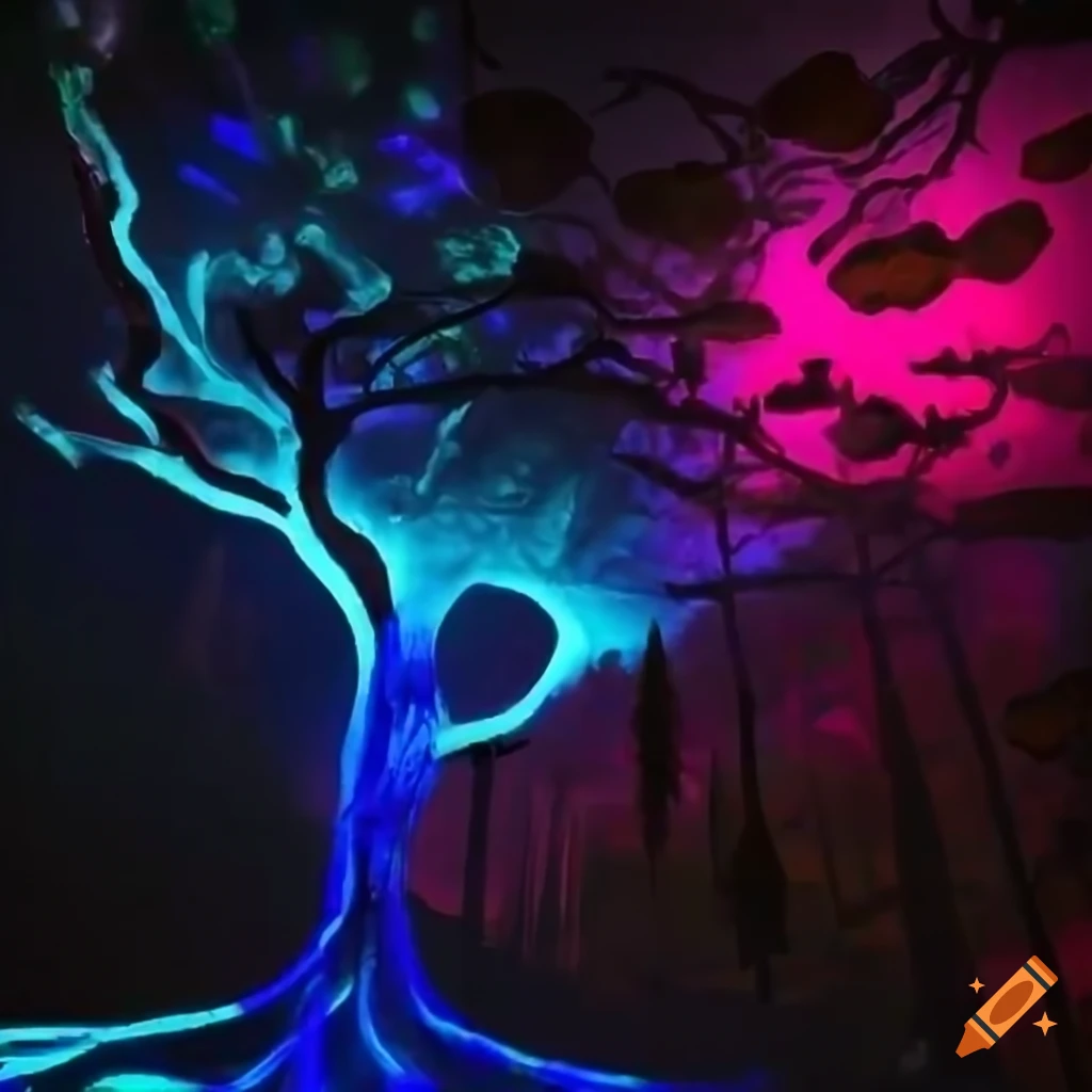 Biopunk paradise with glowing bioluminescent trees merging nature and technology