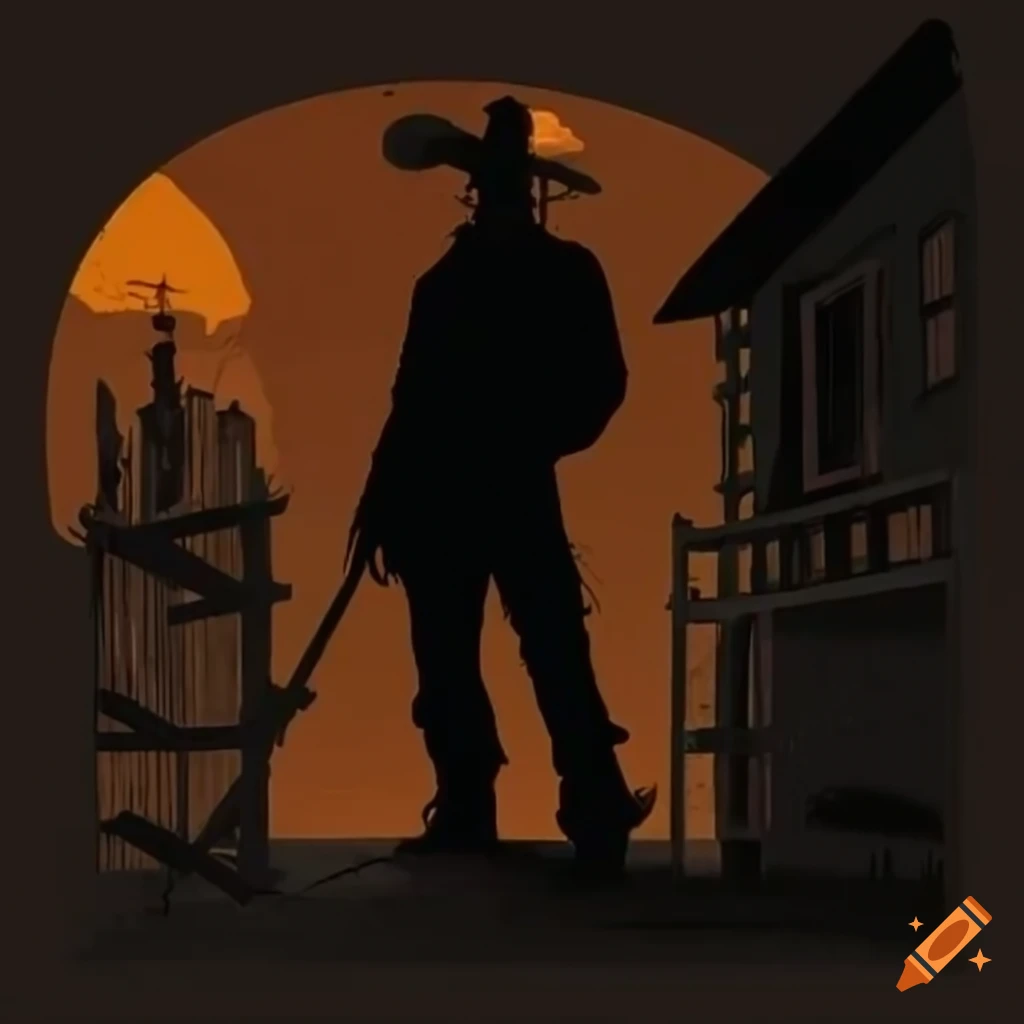Silhouettes of cowboys in a Western town