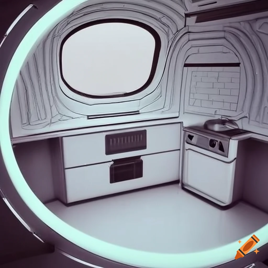 Retro-futuristic space colony pod kitchen with Japanese design