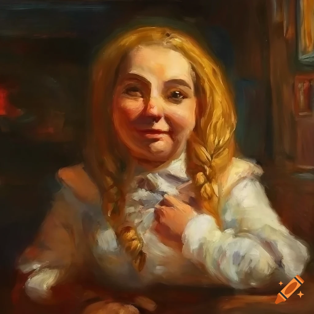 Dwarf tavern keeper with long braid hair in a cozy tavern setting