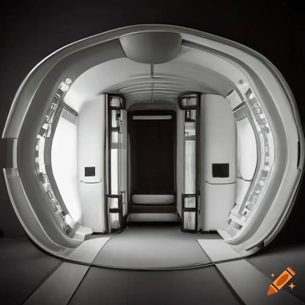 Retro-futuristic space colony pod interior with Japanese-inspired design