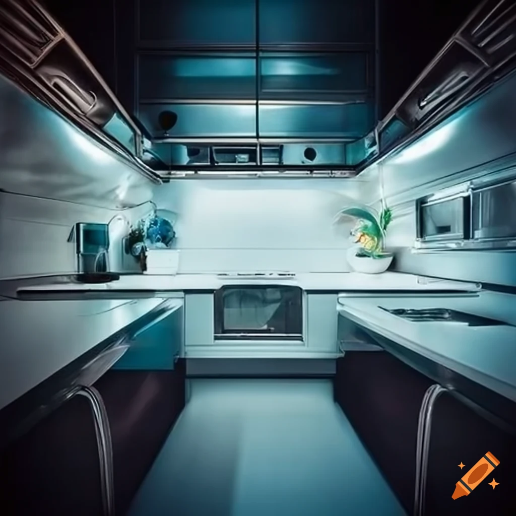 Retro-futuristic space colony pod kitchen with Japanese-style design