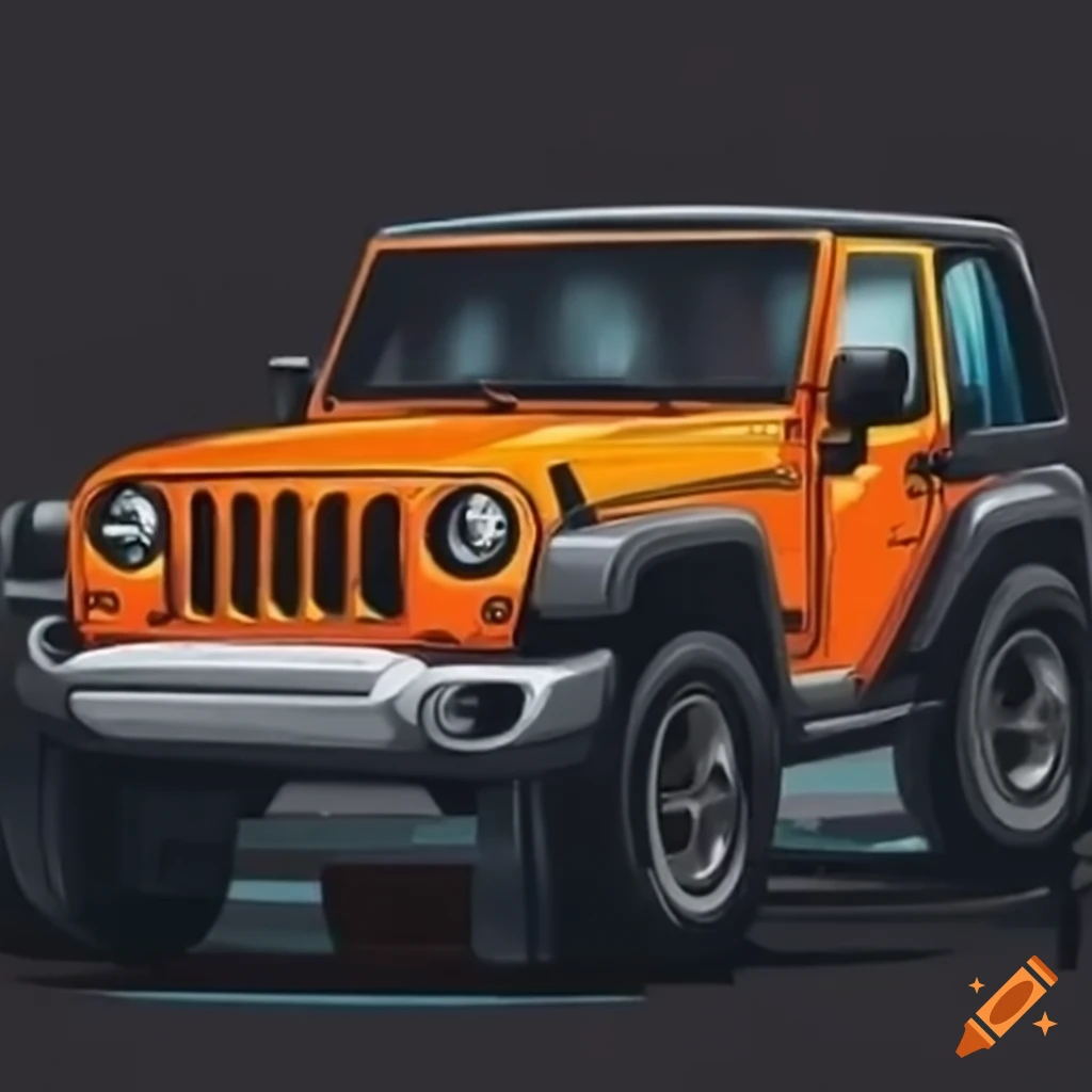 Orange off-roading convertible Jeep Wrangler in oil painting