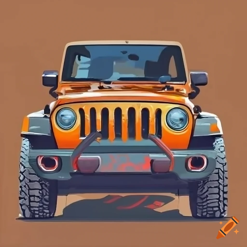 Orange off-roading convertible Jeep Wrangler in oil painting