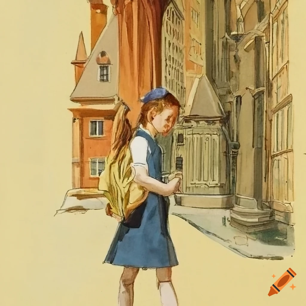 Tween schoolgirl walking in the park in front of Hogwarts