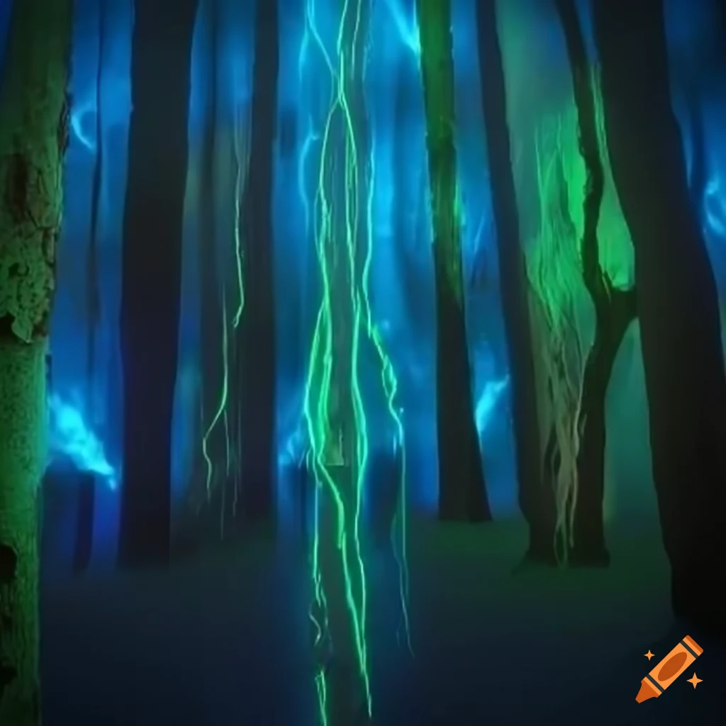 Surreal forest where nature and technology merge with bioluminescent trees