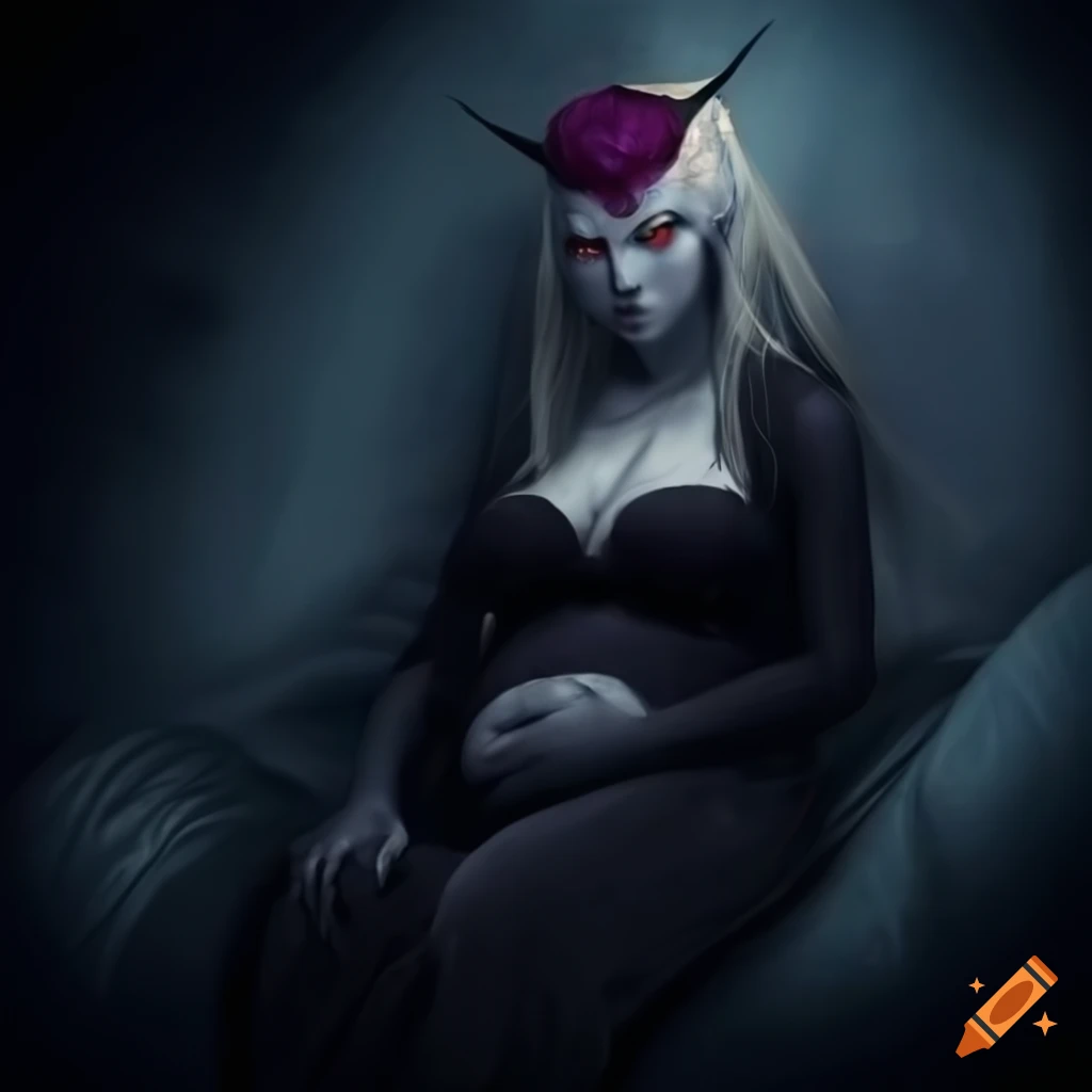 Dark elf lying on soft bedding with hands on pregnant stomach