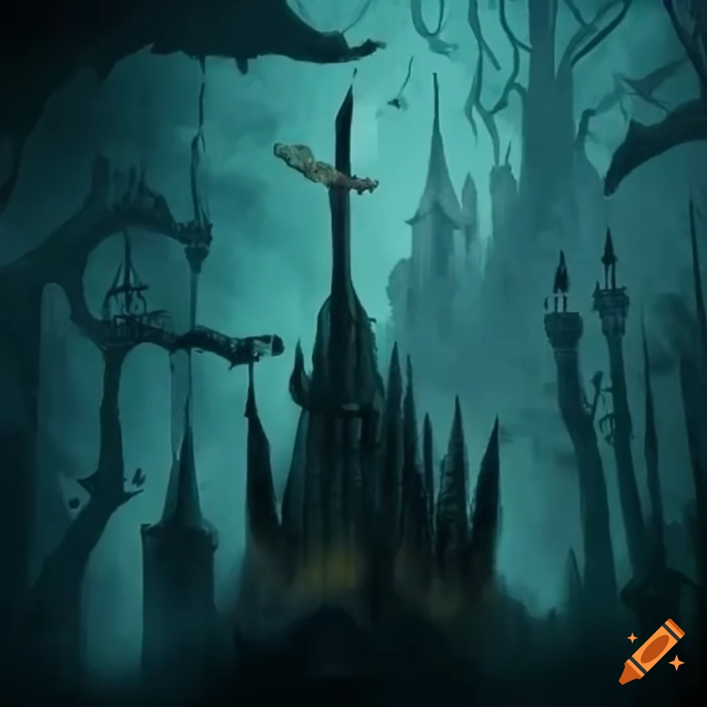Spooky castle resembling a tall paintbrush with sharp features on Craiyon